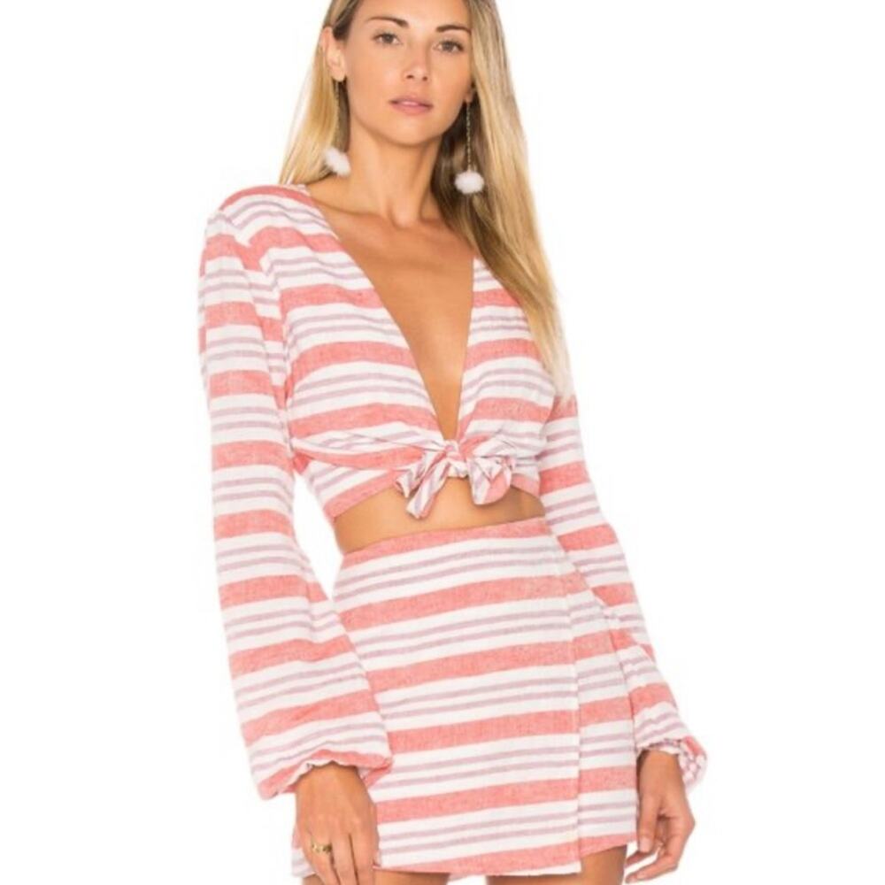 Lovers + Friends | Women’s Pink Red Stripped Tie Front Crop Jacket Top Blouse S
